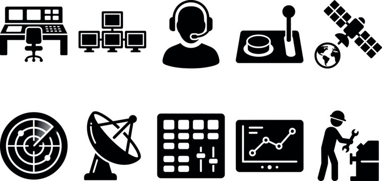 Collection of black and white technology and business related icons on white background
