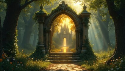 Obraz premium Stone archway opens to view fairytale castle in sunlit forest. Path with stpic leads through green trees. Light rays stream through mist. Wildflowers bloom near pathway.