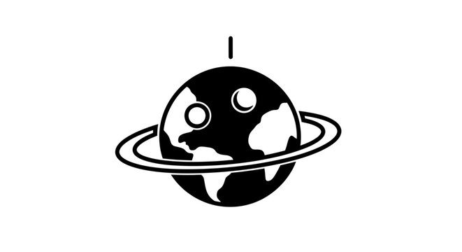 Abstract planet icon with rings and upward arrow. Global network, data transfer, communication, world connection, progress concept.