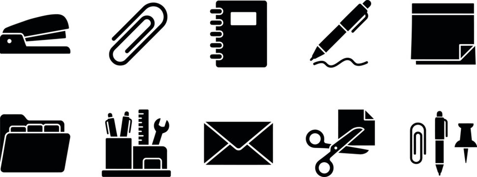 Collection of office supplies and stationery icons on white background