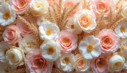 Soft pastel roses and anemones mix with wheat stalks in gentle arrangement. Creamy white pink peach tones create calm elegant floral pattern. Perfect for weddings or decor styling.
