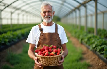 Naklejka premium Smiling farmer holds basket full of ripe strawberries. He stands in greenhouse. Man wears brown overalls and white t-shirt. Fresh berries ready for sale.