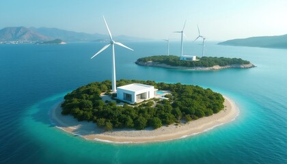 Naklejka premium Island wind turbines generate clean energy for remote modern house and village. Ocean water shows breeze currents. Power supply for island tourism and future smart microgrids.