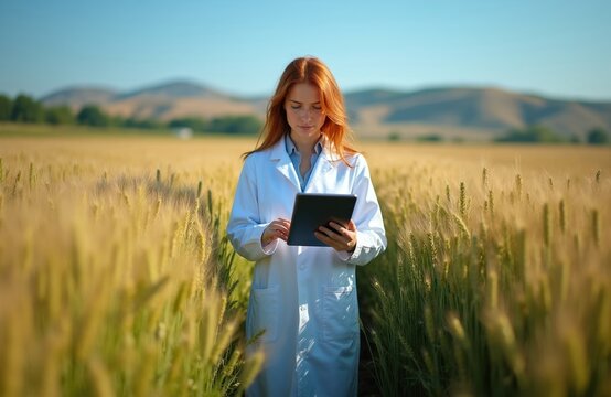 Woman in lab coat stands in golden wheat field holding tablet. Agronomist checks crop growth data using technology. Farming research happens outdoors on sunny day.