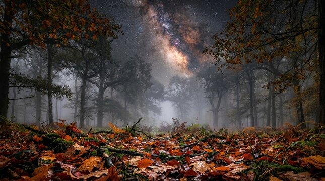 Autumn park mist between trees fallen leaves