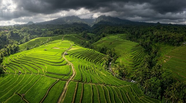 Bali rice terrace aerial green stepped pattern Indonesia