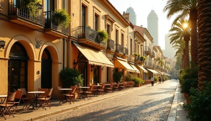 Fototapeta premium European street lined with shops cafes. Palm trees cast shadows on cobblestone road. People walk along sunny sidewalk with outdoor seating. Modern buildings visible in distance.