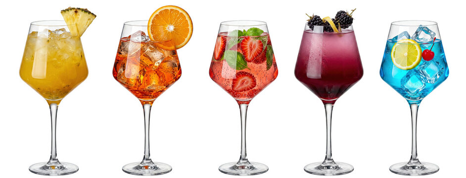 assorted spritz and cocktail lineup in copa glasses with pineapple orange strawberry blackberry and blue lemon garnishes on transparent background