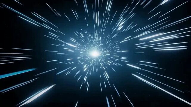 Hyperspace travel, warp speed or moving through a tunnel of light. Speed of light, neon glowing rays and stars in motion