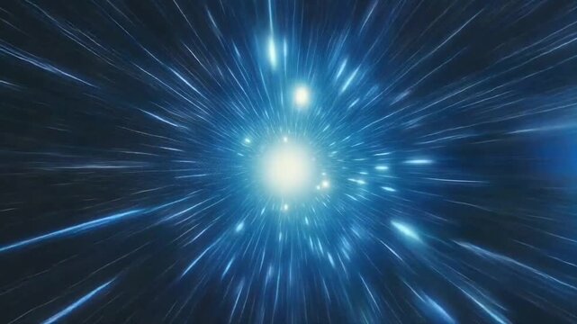 Hyperspace travel, warp speed or moving through a tunnel of light. Speed of light, neon glowing rays and stars in motion