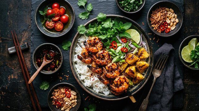 Delicious thai food vibrant shrimp curry with coconut rice and fresh herbs