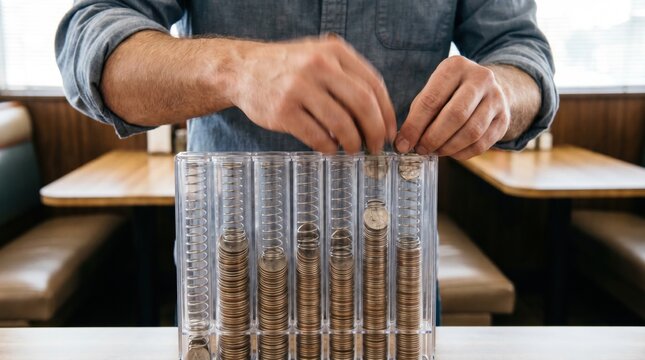Man hands sorting various coins into a plastic coin counter tube