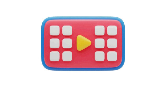 Vector illustration of 3d icon of a red rectangular media player interface with a yellow play button on a transparent background