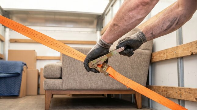 Mover hands tightening an orange ratchet strap to secure a sofa inside a moving truck
