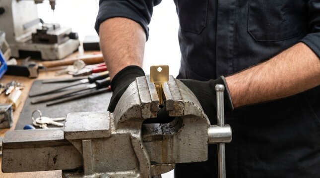 Locksmith securing a golden blank key into a heavy metal vise grip on a workbench
