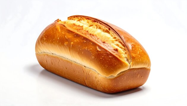 A golden-brown, oblong loaf of baked bread sits against a stark white background, angled with defined crust