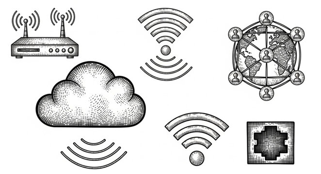 Collection of hand-drawn technology and network icons.