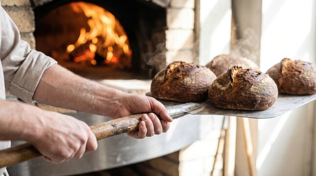 Baker using a metal peel to take freshly baked rustic bread loaves out of a hot wood fired oven