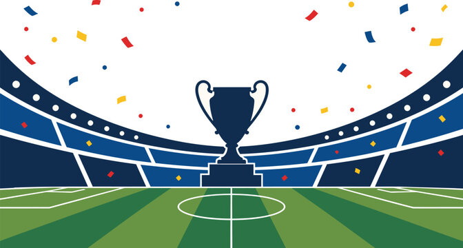 Soccer stadium background with trophy silhouette confetti and field perspective flat vector illustration modern sports arena scene for championship and football event graphics