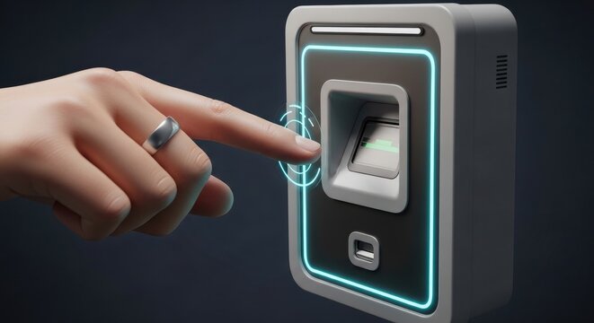 Biometric sensor scanner with finger touch futuristic technology for secure identity access.