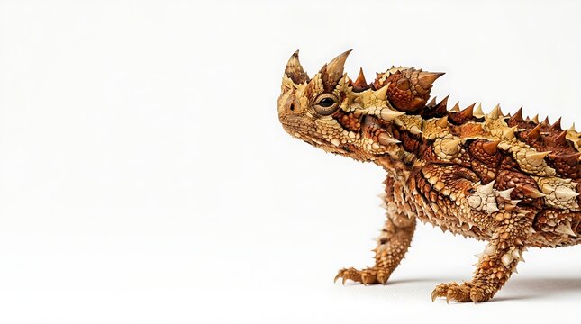 Exotic thorny devil lizard Moloch horridus side view profile portrait with detailed spiky scales isolated on white background