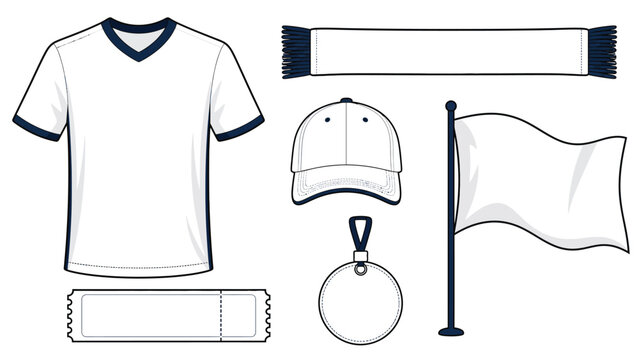 Soccer merchandise mockup set with jersey cap scarf medal and flag flat vector illustration clean sports apparel collection for branding print and team identity design