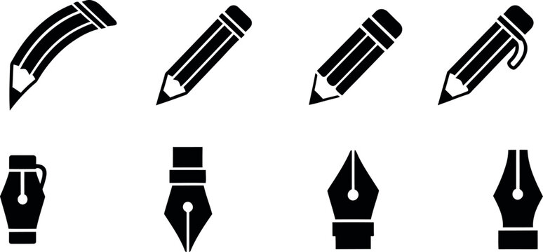 Minimalist pencil and pen nib icon set, 8 black vector stationery symbols, professional writing and drawing tools for graphic design and education isolated on Transparent Background