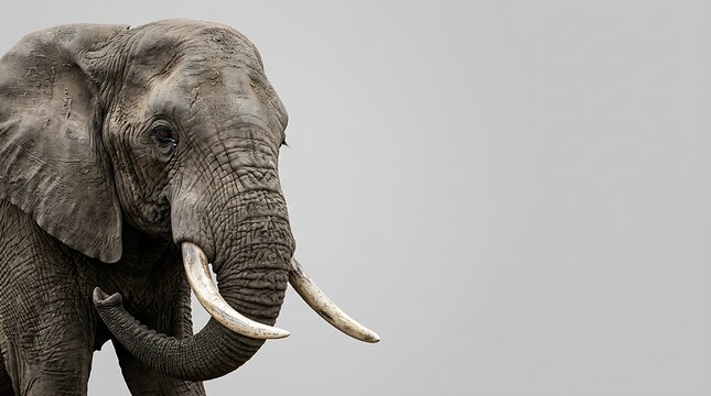 Majestic African elephant profile portrait with detailed wrinkled skin texture on neutral grey background