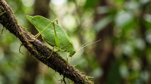 Leaf katydid camouflaged on branch in rainforest macro