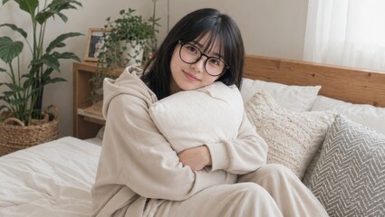 Obraz premium ベッドでクッションを抱きしめて微笑むメガネの女性