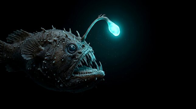 Bioluminescent anglerfish predator in dark deep sea water with glowing lure and sharp teeth