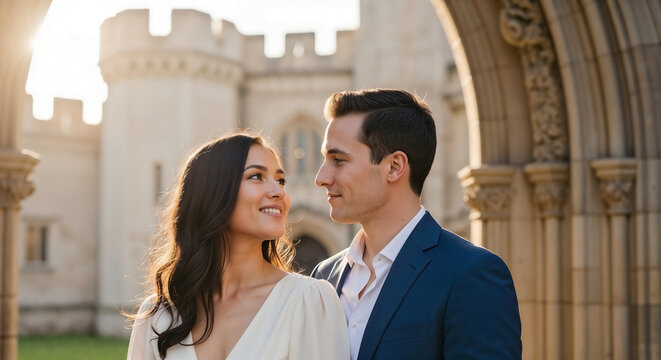 Romantic castle wedding photography with happy couple gazing lovingly at each other. Elegant backdrop for castle wedding photography features grand architecture and golden hour sunlight.
