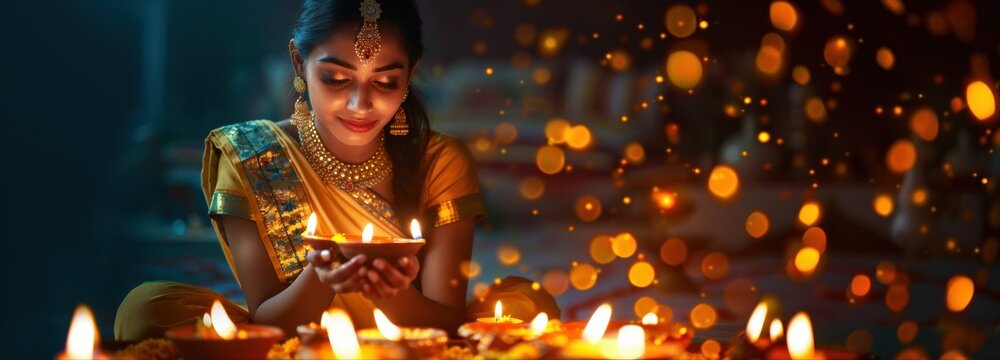 Radiant Diwali Reflection: A woman embodies the spirit of Diwali, cradling a traditional oil lamp amidst the warm glow of many diyas, evoking a sense of tranquility and cultural richness.