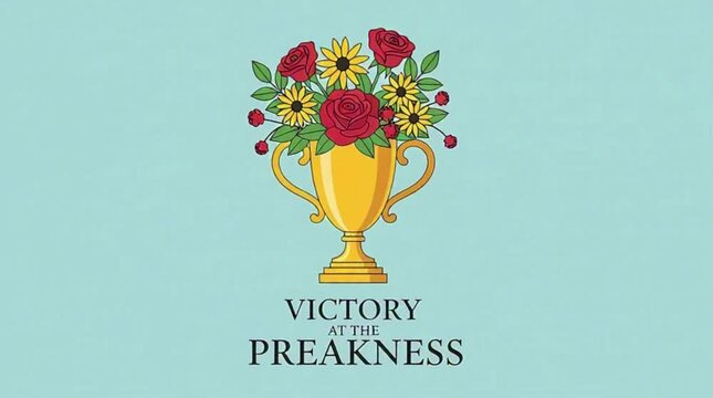 Flat design of trophy cup and flowers, text &ldquo;Victory at the Preakness&rdquo;