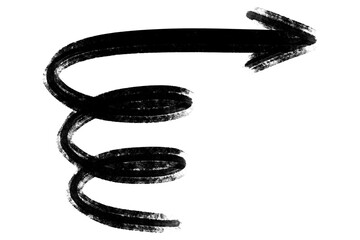 Naklejka premium Black charcoal spring spiral arrow pointing right, textured hand drawn pointer element.