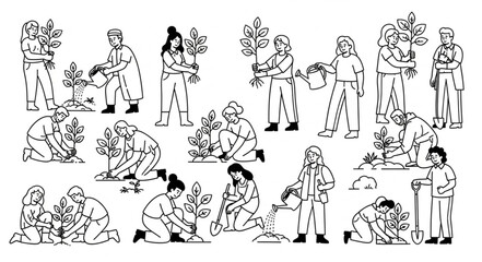 Obraz premium People planting trees and watering plants in a garden setting.