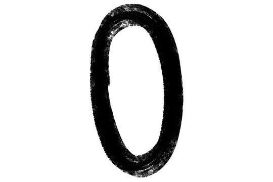 Handwritten number zero digit isolated on transparent  background, black ink calligraphy style for math and design.