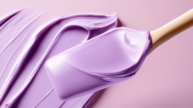 Ube cream creating swirls and texture when being spread by a spatula over a pastel purple background, showcasing the vibrant color and smooth consistency for dessert preparations