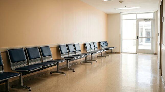 Empty Waiting Area with Row of Chairs and Glass Entrance