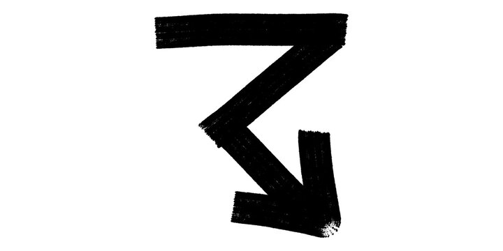 Bold black ink downward zigzag arrow icon, hand drawn brush stroke pointer.