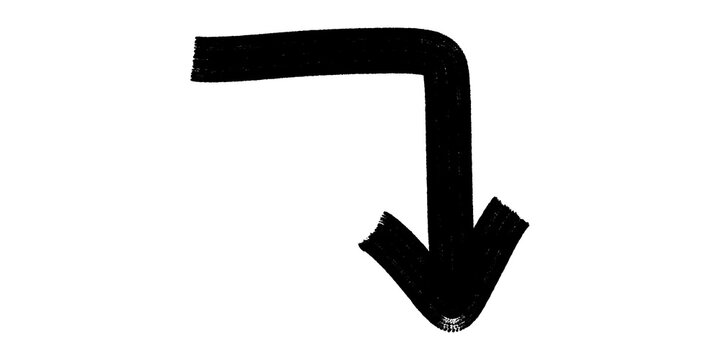 Bold black hand drawn l-shaped downward arrow isolated on transparent background, brush stroke corner pointer.