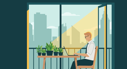 Obraz premium Man working on laptop on balcony with city view and plants