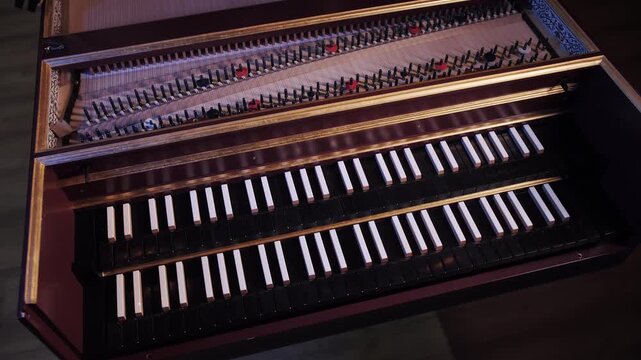 Harpsichord Piano Keyboard and Internal Mechanism Top View Cinematic Detail