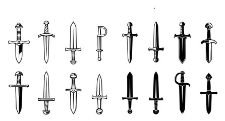 Fototapeta premium Set of assorted medieval fantasy daggers and short swords in outline and black silhouette styles for game asset design or historical weapon collection isolated on white background vector illustration