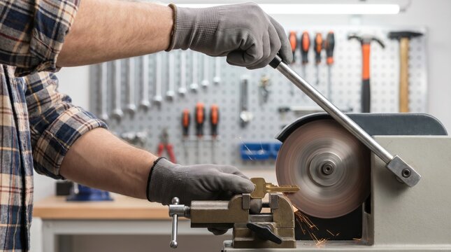 Locksmith hands operating a key cutting grinder machine to duplicate a brass key