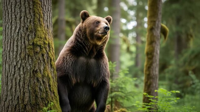 Grizzly Bear Standing Next To Tree In Lush Green Forest Looking Towards The Right With Blurred Background Of Trees For Nature Wildlife Projects