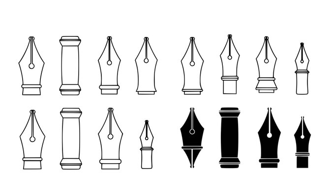 Collection of fountain pen nibs in various styles and sizes presented in outline and solid black silhouette formats for graphic design and calligraphy projects isolated on white background vector