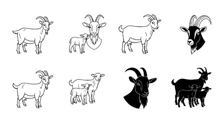 Fototapeta premium Goat and lamb farm animals vector icon set featuring realistic silhouettes and line art of goats and baby lambs for agricultural branding and livestock design projects on white background