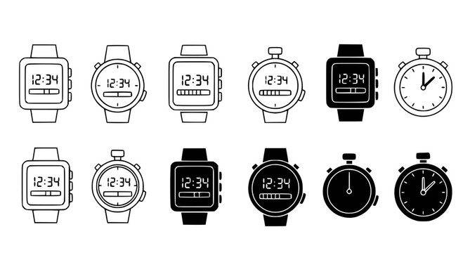 Collection of digital watch and stopwatch icons in outline and solid styles for time management and fitness tracking app design projects on white background for professional interface layout