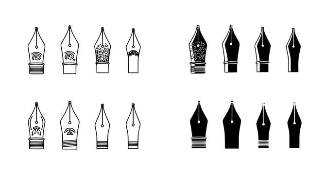 Fountain pen nibs set in various styles with ink droplets and decorative patterns for stationery branding or calligraphy design elements isolated in black and white vector graphic format today